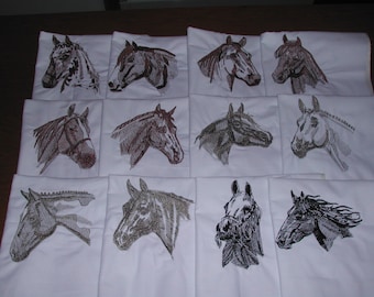 Machine Embroidered Redwork Horse Heads Quilt Block