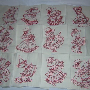 Machine Embroidered Redwork Monthly Girls & Groom Quilt Blocks
