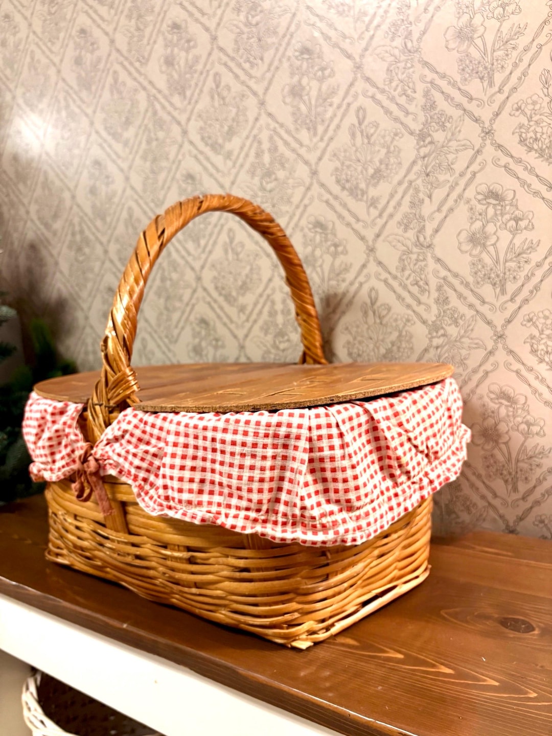 Woven Picnic Basket with red gingham liner