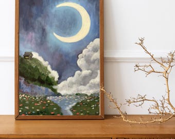 Origineel Acrylschilderij "Maannacht over bloeiende vallei" - wanddecoratie, kalmerende fantasiekunst, surrealistisch landschap, hedendaagse kunst