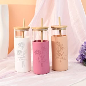 Vaso con flores grabadas, funda de silicona y pajita, taza para café helado, vaso de agua para bodas, recuerdos de verano, regalos para damas de honor.