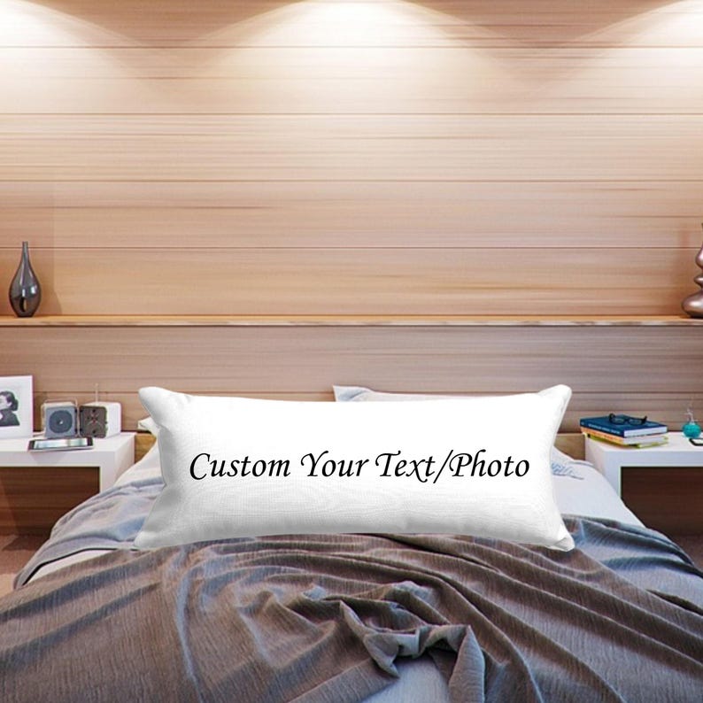 May include: White rectangular pillow with the text "Custom Your Text/Photo" printed in black.