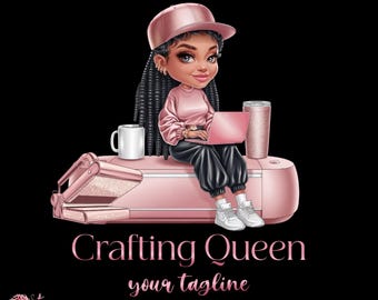 May include: A digital illustration of a Black woman wearing a pink hat and pink shirt, sitting on a pink and white crafting machine. She is using a laptop and has a pink tumbler beside her. The text "Crafting Queen" and "your tagline" is below the image.