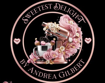 May include: A pink and gold logo with the text "Sweetest Delight by Andrea Gilbert" in a circle. A pink and gold stand mixer with a bowl and a whisk attachment is in the center of the circle. The mixer is surrounded by pink and gold flowers and swirls.