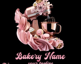 May include: A pink and gold stand mixer with a bowl, surrounded by pink and gold frosting, macarons, and cupcakes. The text "Bakery Name your tagline" is below the mixer.
