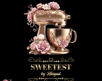May include: A gold stand mixer with a pink and white floral design. The mixer has a bowl and a whisk attachment. The text "SWEETEST by Abigail" is below the mixer.