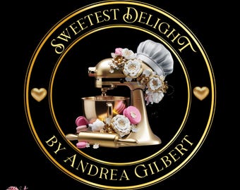 May include: Gold and white logo with a gold stand mixer, rolling pin, and macarons. The text reads "Sweetest Delight by Andrea Gilbert".