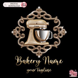 Gold Bakery logo, baking logo, premade watercolor, cake logo, baking logo design, cupcake logo, cakery logo, branding package graphic design