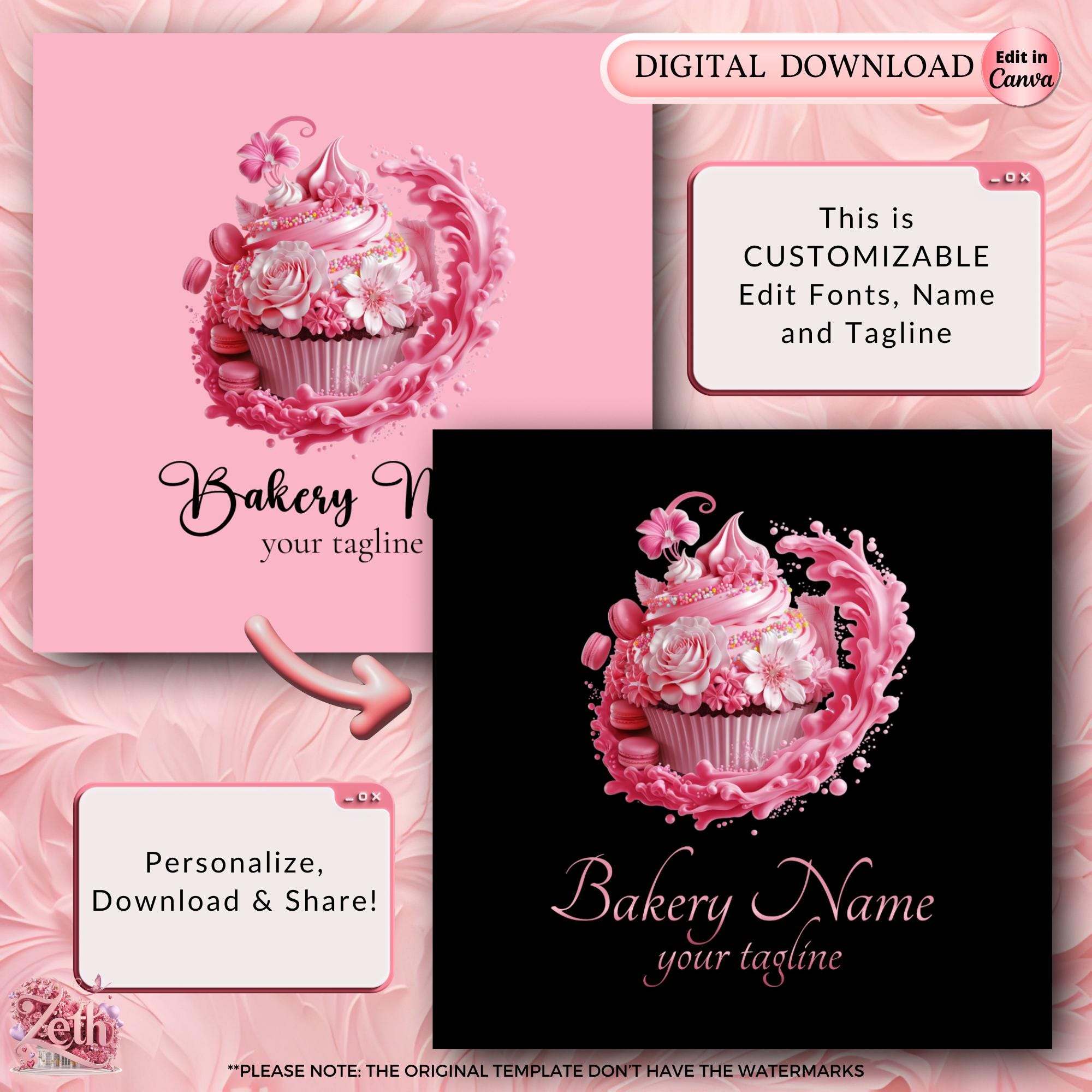 pink rose bakery logo design with floral element... Modern Pink Bakery Logo, Baking Logo, Stylish Custom Pastry Logo, Cake ...