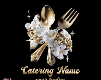 Peut inclure: Fourchette et cuillère dorées avec des fleurs blanches et des strass, avec le texte "Catering Name your tagline" en dessous.