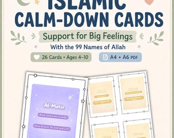 Islamic Calm Down Cards for Kids, Coping Skills With 99 Names of Allah
