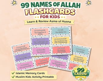 Names of Allah Flashcards for Kids | Islamic Memory & Revision Cards | Learn Allah Names Printable | Muslim Kids Learning Tool (Ages 4–10)