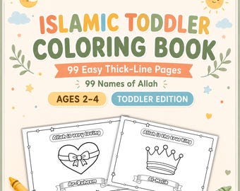 Islamic Toddler Coloring Book Ages 2–4, 99 Names of Allah Printable