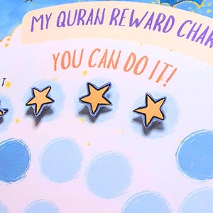 May include: A colorful reward chart with the text "My Quran Reward Chart" and "You Can Do It!" features yellow star stickers. The chart has blue circles for tracking progress and a starry sky design.