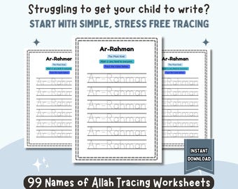 Handwriting Practice for Kids | 99 Names of Allah Tracing Worksheets | Fine Motor Skills & Writing Confidence Printable (Ages 4–8)