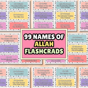 99 namen van Allah-flashcards, islamitische flashcards, islamitisch onderwijsmateriaal, downloadbaar en doe-het-zelf, digitale download islamitisch leren