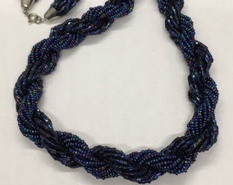 70s Midnight blue glass bugles/beads braided multi strands matinee necklace Vintage