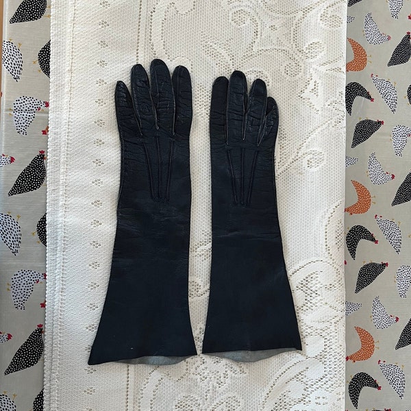 Vintage Navy Genuine Kid Women Gloves Size 6 1/2 Length 12 1/2 inches Made in France