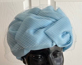 60s Light Blue  Taffetas/Netting Pillbox Hat 50's Nadelle Made in Canada Vintage