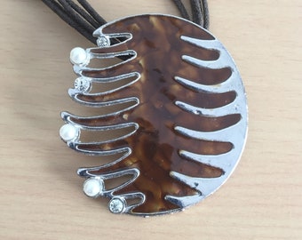 70s Brown Enamel/Silvertone Abstract Necklace Pendant  Necklace Vintage