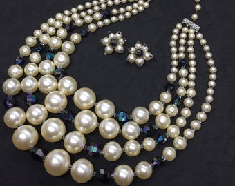 60s 4 Strands Faux Pearls/Navy Beads Bib Necklace/Clip-on Earrings Gorgeous