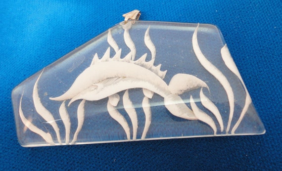 60s Reversed Carved Swordfish Clear Lucite Pendan… - image 1