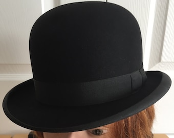 40s Black Felt Men Bowler Hat Size 6 5/8  54 cm,  21 3/8 inches Budd Vintage Steampunk