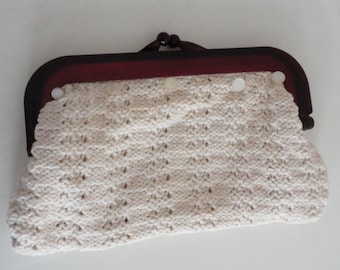 50s Brown Clear Lucite Frame/Cream Knitted Cotton Clutch Purse Vintage
