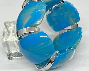 60s Vintage Blue Swirl/Silvertone Wide Lucite Stretch Bracelet SO COOL