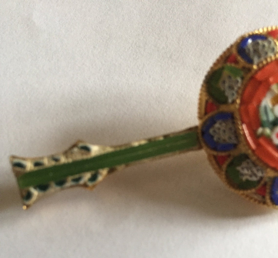 Superbe Broche Clip Micro-mosaïque Florentine Décor Mandoline - Métal Doré - Italie