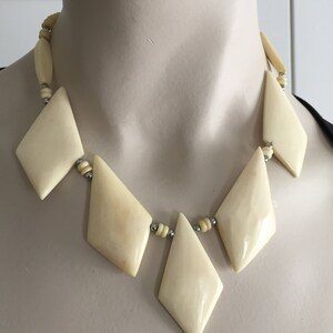 60s Cream Tribal Unique Kite Shape Bone Necklace Vintage