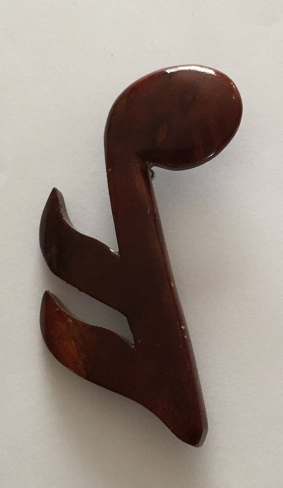 60s Brown Carved Wood Music Note Brooch - image 3