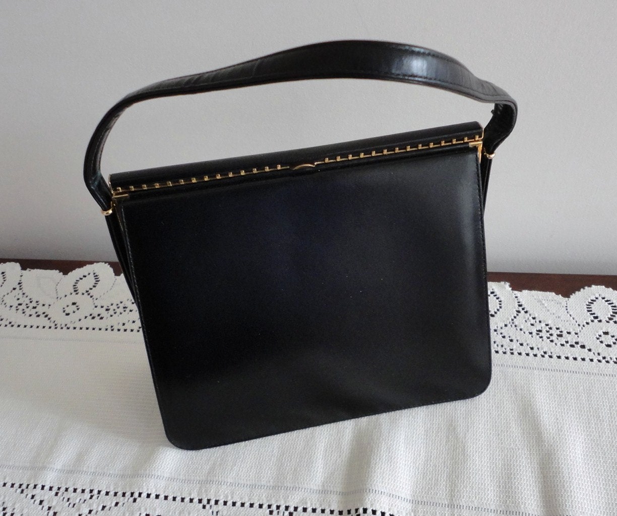 70s black leather hardsided Handbag Purse Coret Made in Canada | Etsy
