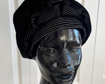 60s Vintage Black Stitched Velvet  Women Hat Medium 22.25 inches 60s Nadelle