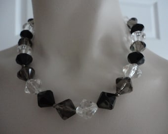 60s black, clear grey and crystal clear lucite beads choker necklace.