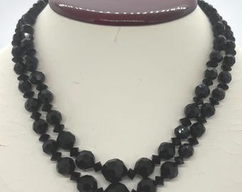 70s 2 Rows Black Glass French Jet Faceted beads Necklace 60s Vintage