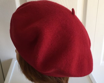 80s Dark Red Wool Beret Unisex Hat Large 11 Inches Beatnik