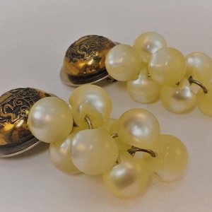 60s Goldtone Domed Button/ Dangling Moonglow Buttons Beads Clip on Earrings