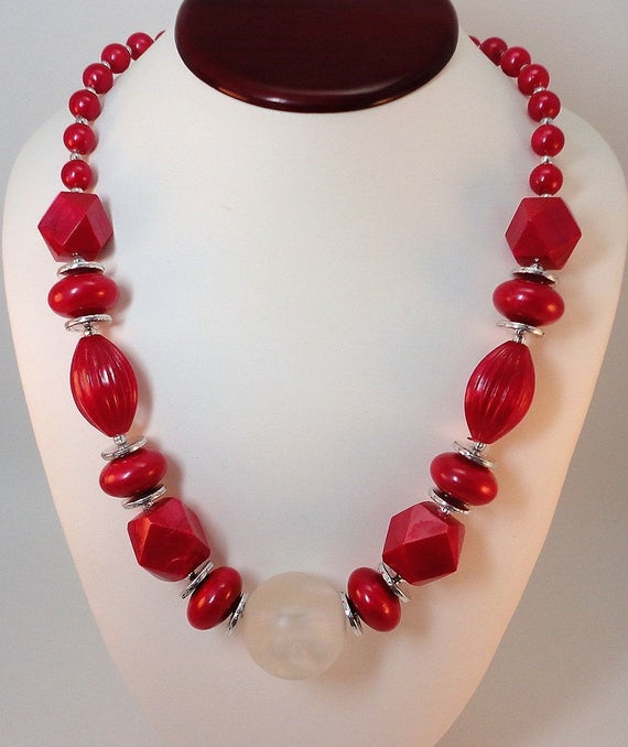 80s Bold raspberry red Lucite matinee Necklace/Ear