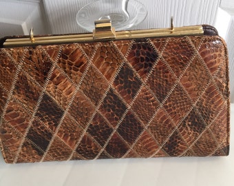 60s Patchwork Brown Snakeskin Clutch Purse Vintage