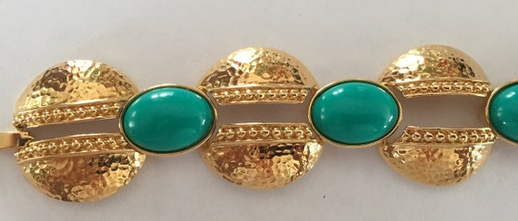 60s Monet Gold Plated Links Bracelet Green Caboch… - image 2