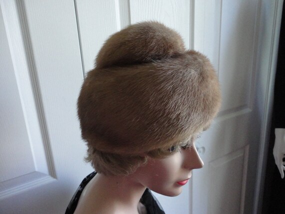 60s Light Brown Mink Fur Hat  Elegant XS 21'' Vin… - image 2
