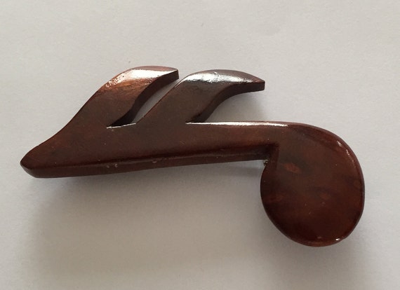 60s Brown Carved Wood Music Note Brooch - image 4