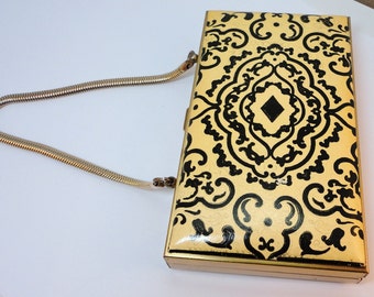 Vintage Compact  Purse Goldtone Black/Cream Vinyl Design Top 50s