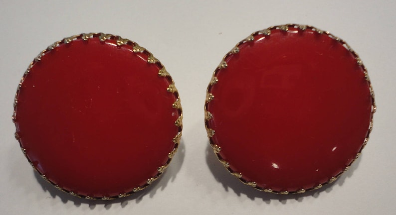 60s Red Large Buttons Lucite Clip Earrings Artistic