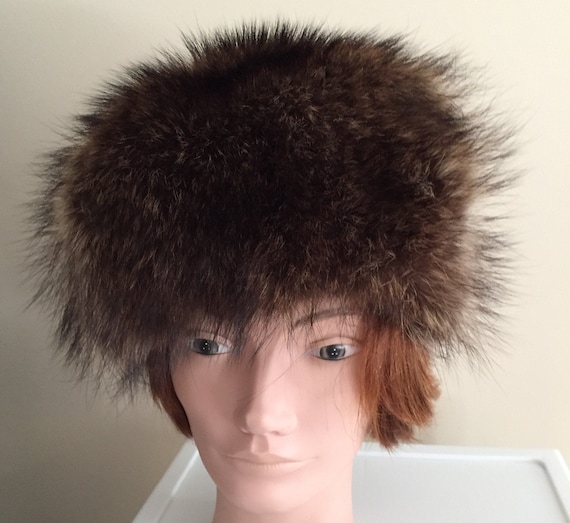 60s Brown/Beige Raccoon Women Hat Medium 21 3/4 I… - image 1