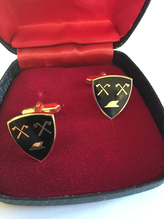 Boutons De Manchette Vintage Shields – Doré Avec émail Noir – Style Rétro – Occasion