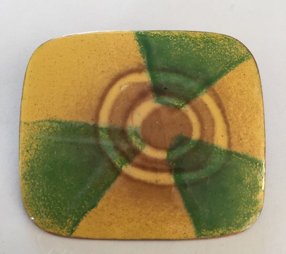 60s Green/Mustard Yellow Enamel on Copper Brooch … - image 1