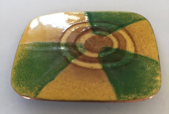 60s Green/Mustard Yellow Enamel on Copper Brooch … - image 4