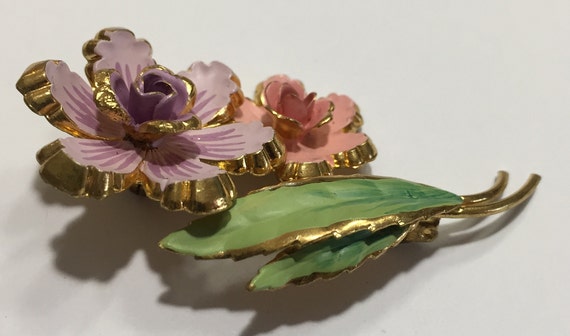 50s Pink/Lilac Flowers Enamel/Gold Plated Brooch … - image 3